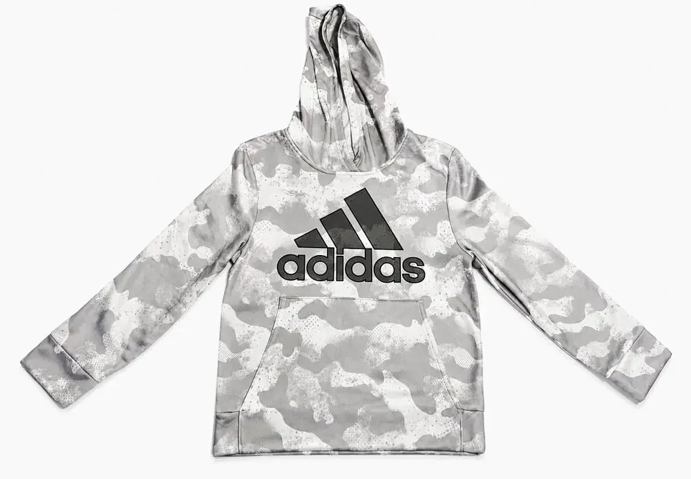 adidas Boys Size 8 Gray/White Camo Pullover Hoodie Polyester Logo Pockets